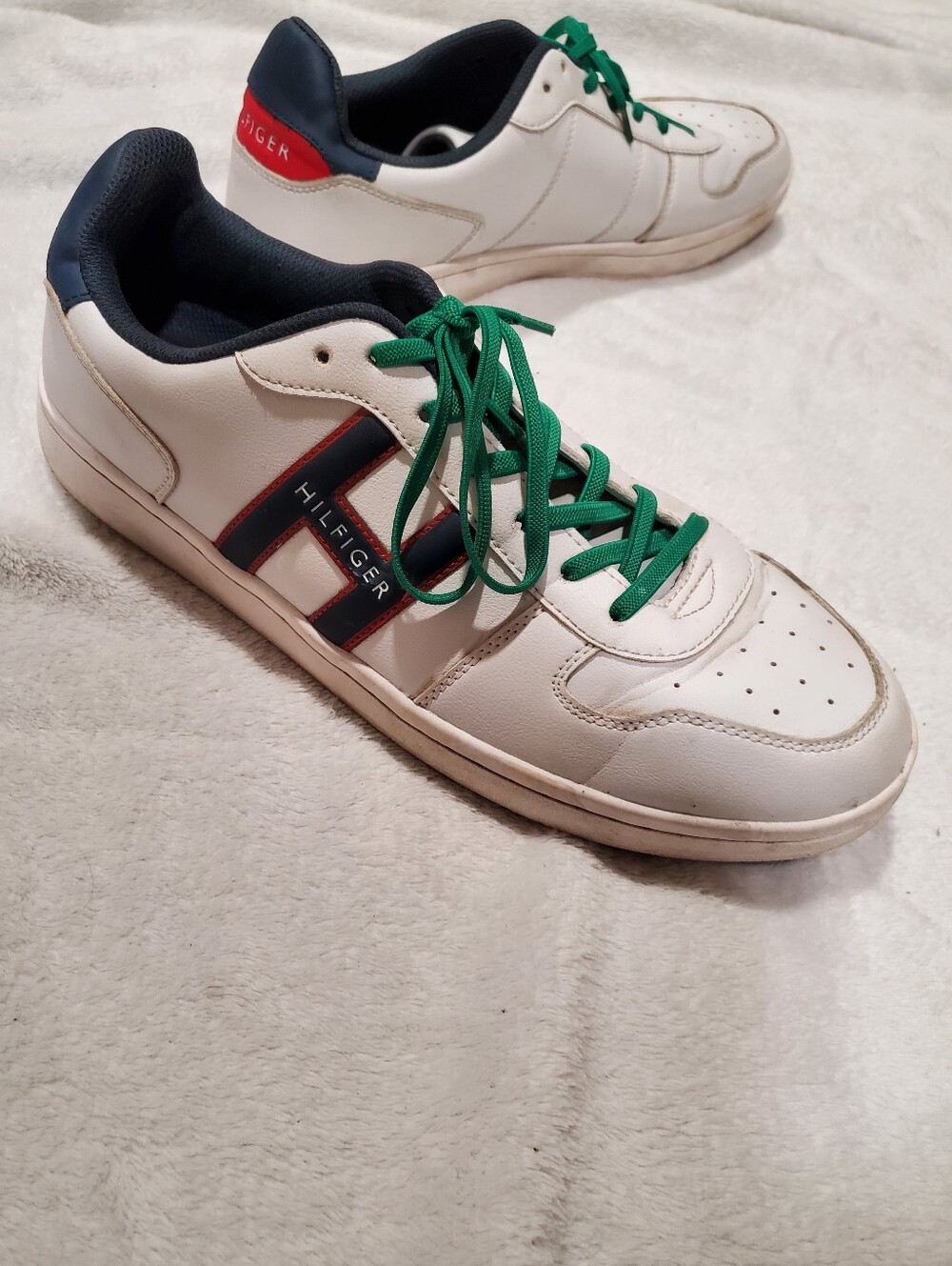 Tommy Hilfiger White Sneakers with Green Laces and Navy Accents
